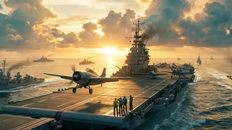 黃昏海面上的航空母艦與護航艦隊示意圖