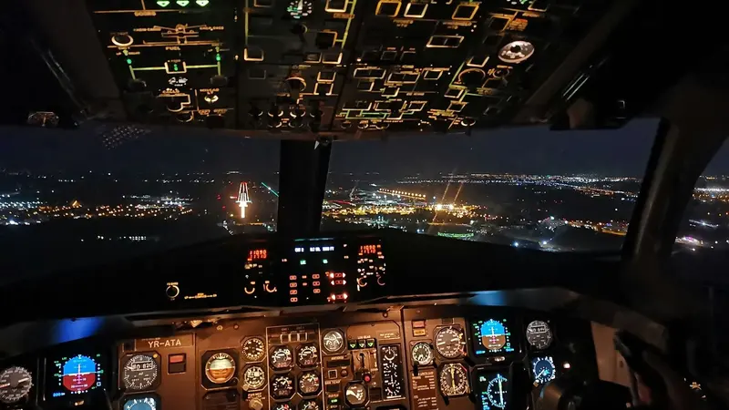夜間進場時的客機駕駛艙，窗外是跑道燈與城市燈火