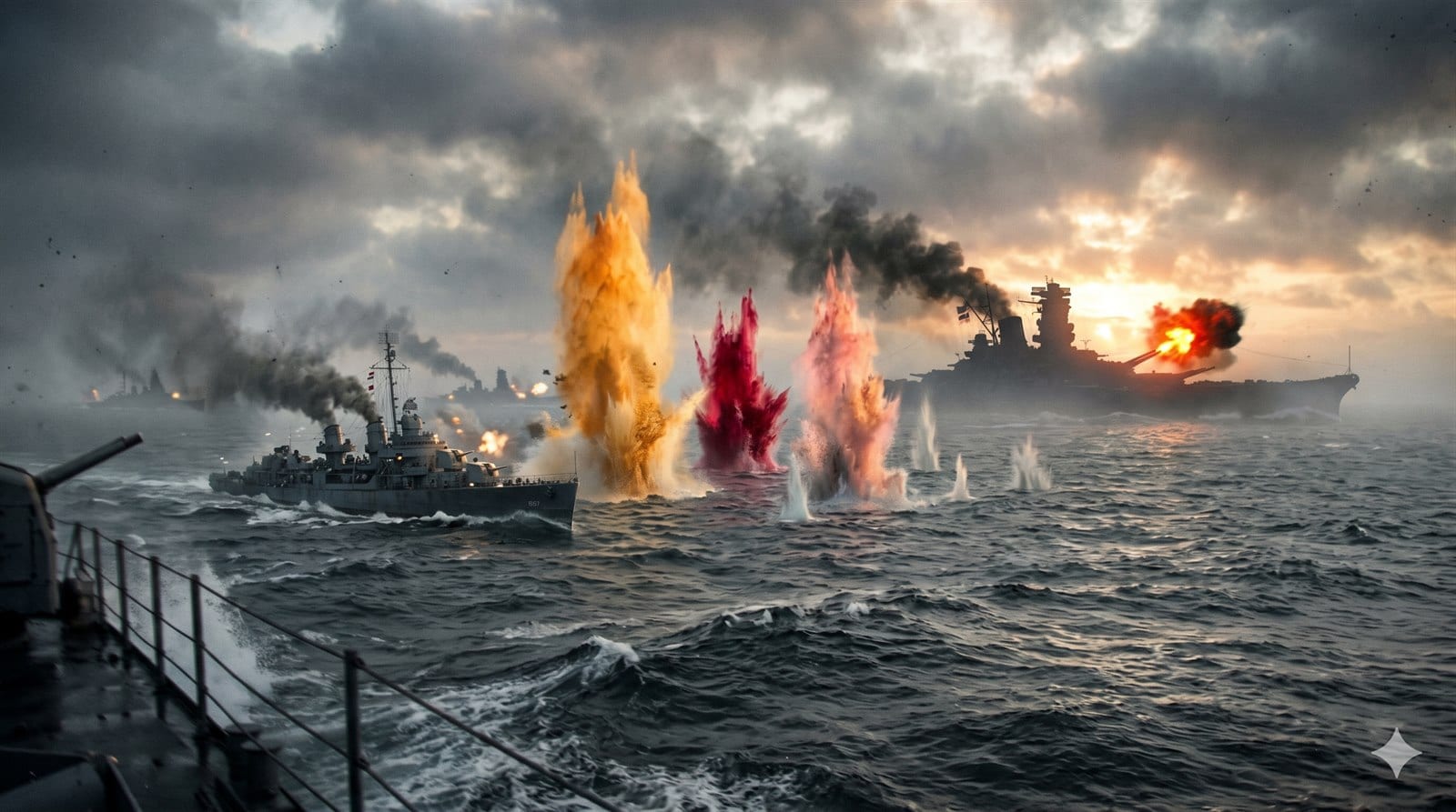 薩馬島沖海戰場景:地平線上的巨艦剪影,周圍是高過桅杆、染上顏色的巨大彈著水柱